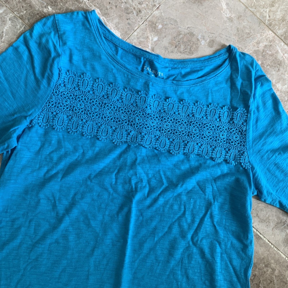 Talbots Womens Medium Lace Blue Turquoise Short Sleeve Top